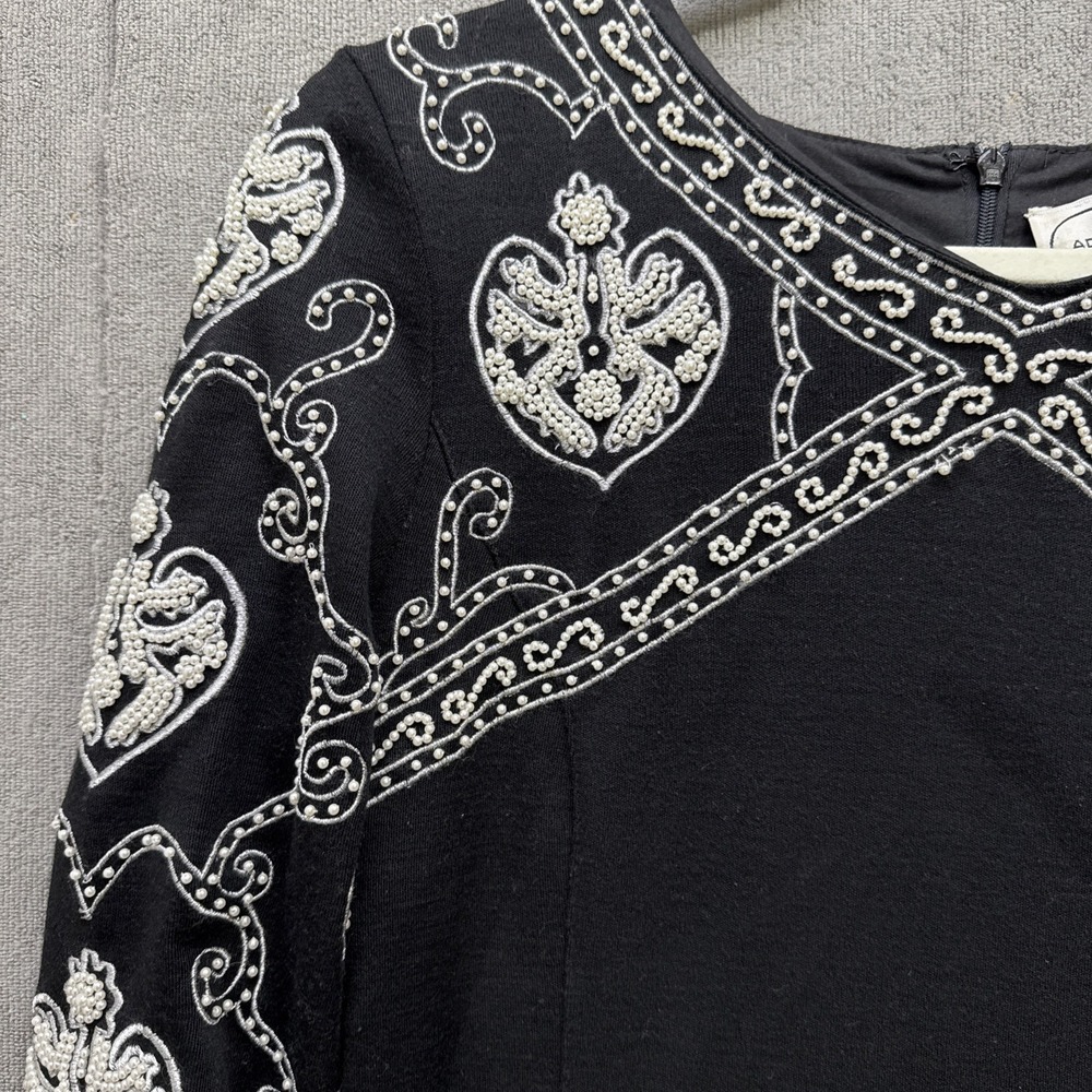 Vtg 80S Adrienne Vittadini Black Sheath White Pearl Beaded Dress Elegant Women 4 - Picture 3 of 12